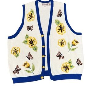 Vintage Butterfly Floral Beaded Embroidered Cottage Grandma Teacher Sweater Vest